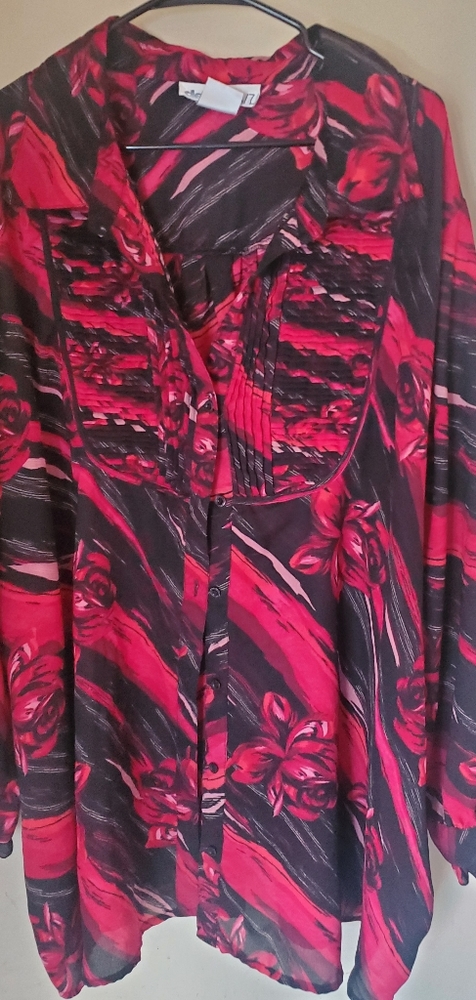 Red black floral print blouse